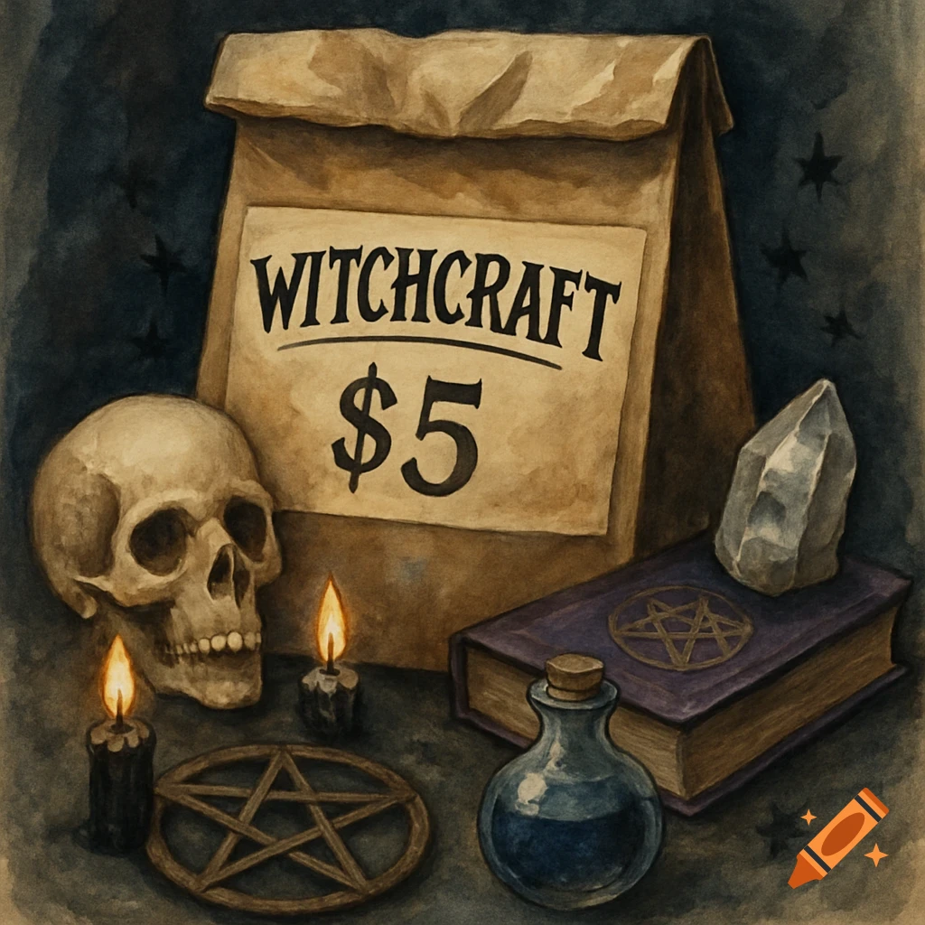 Watercolor illustration of a bag labeled 'WITCHCRAFT $5' with a skull, candles, pentagram, book, crystal, and potion bottle.