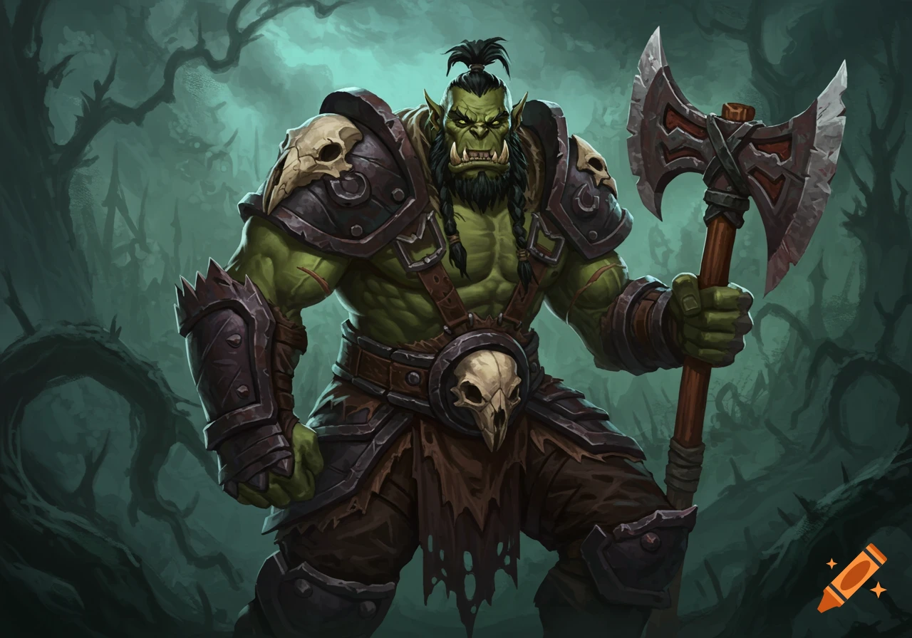 A stylized illustration of a green-skinned orc warrior in armor, holding a large axe, against a dark, misty forest background.