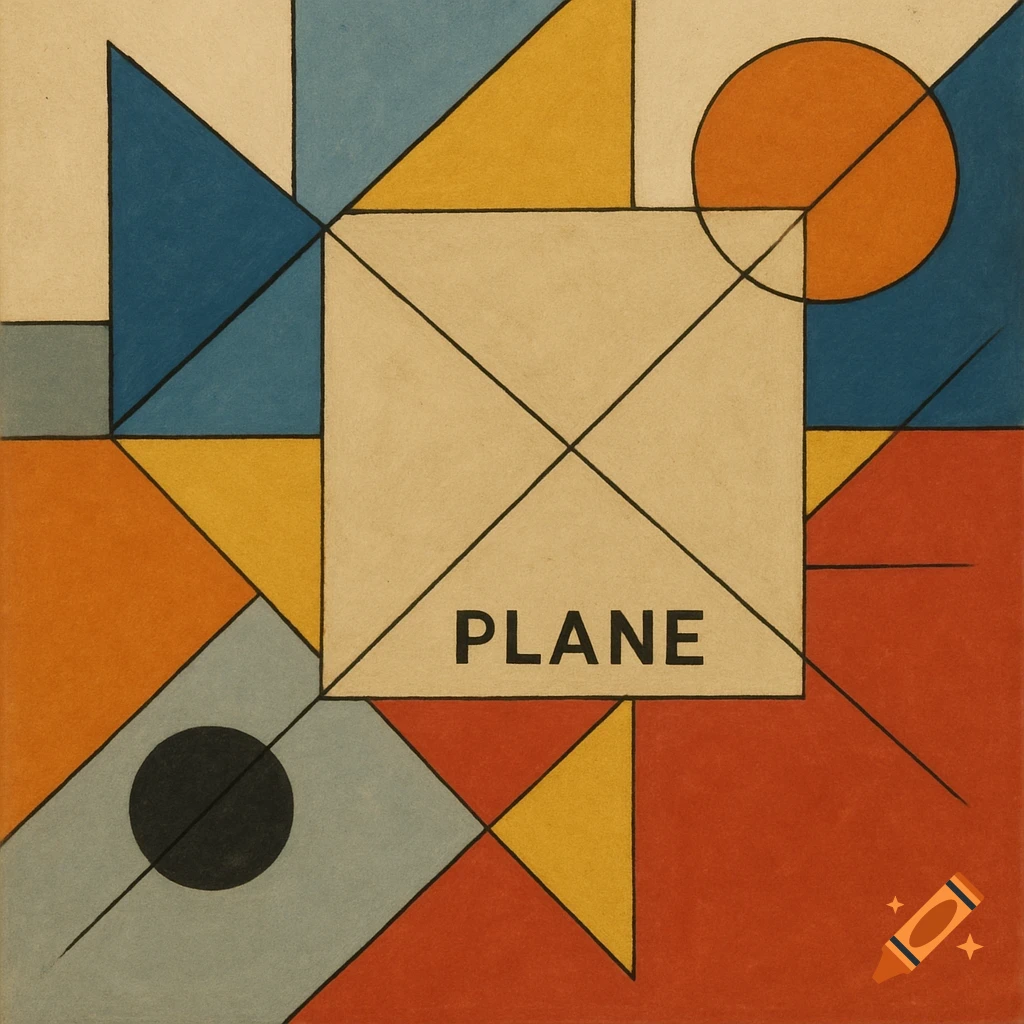 An abstract geometric composition with a central square containing the word 'PLANE', surrounded by colorful triangles and circles.