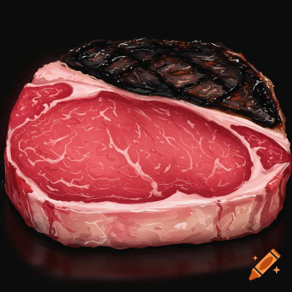 A close-up of a thick steak, half raw red meat with white marbling, and half dark, burnt, charred crust.