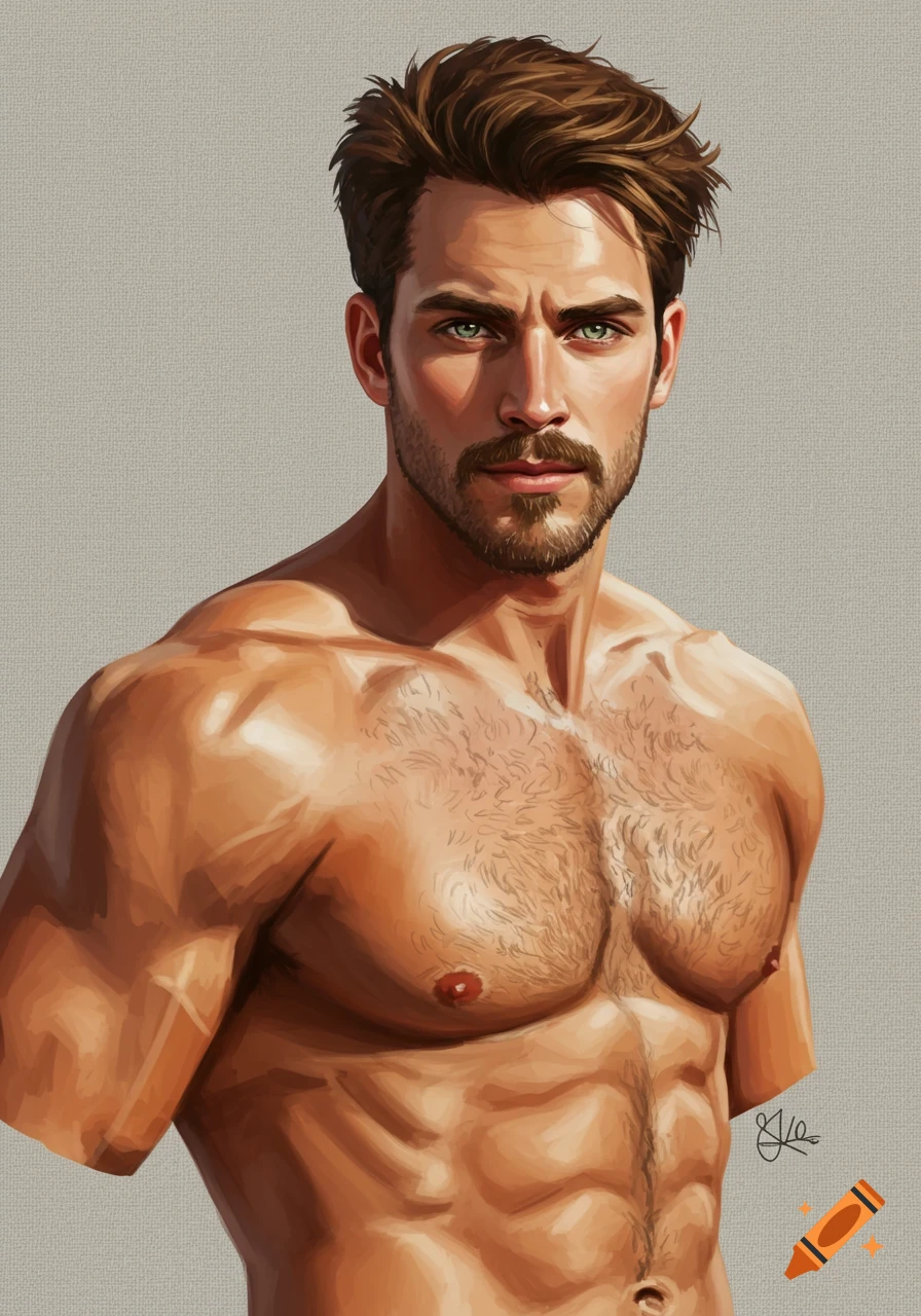 Digital painting of a muscular man with a goatee, brown hair, and striking green eyes looking directly forward.
