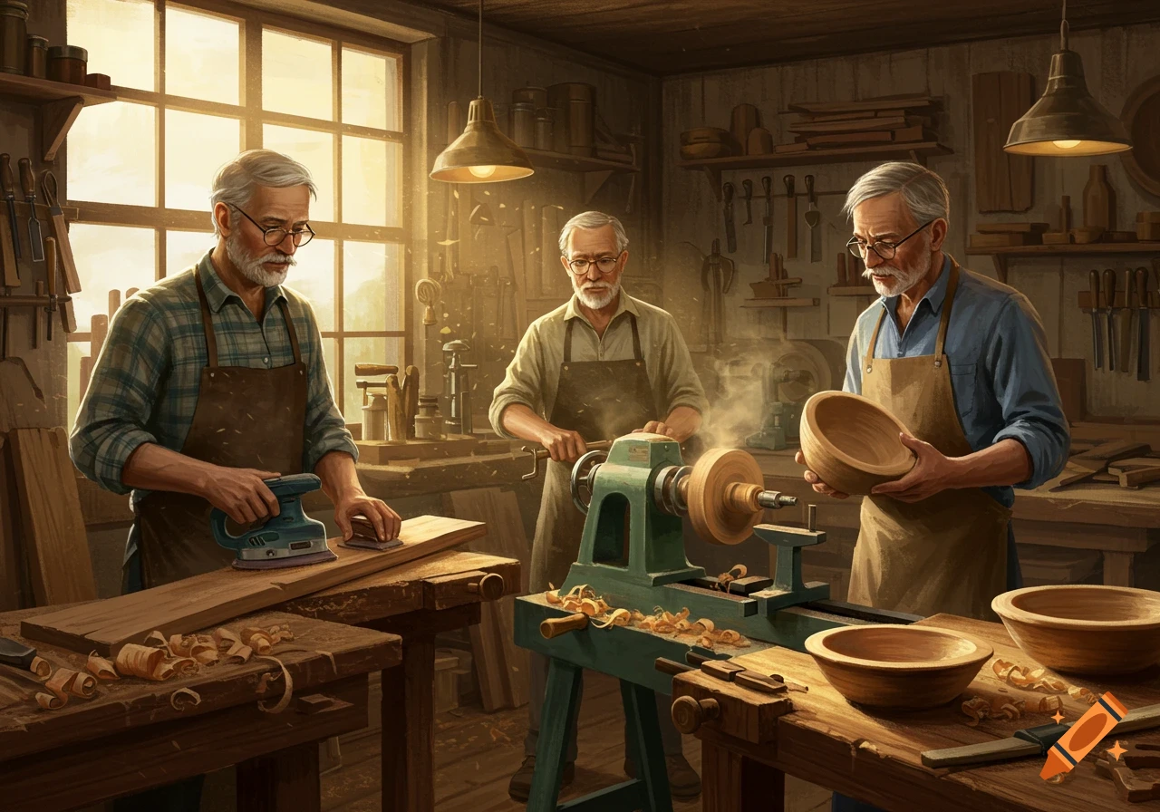 Three older men working in a sunlit woodworking shop, one sanding wood, one on a lathe, and another holding a finished bowl.