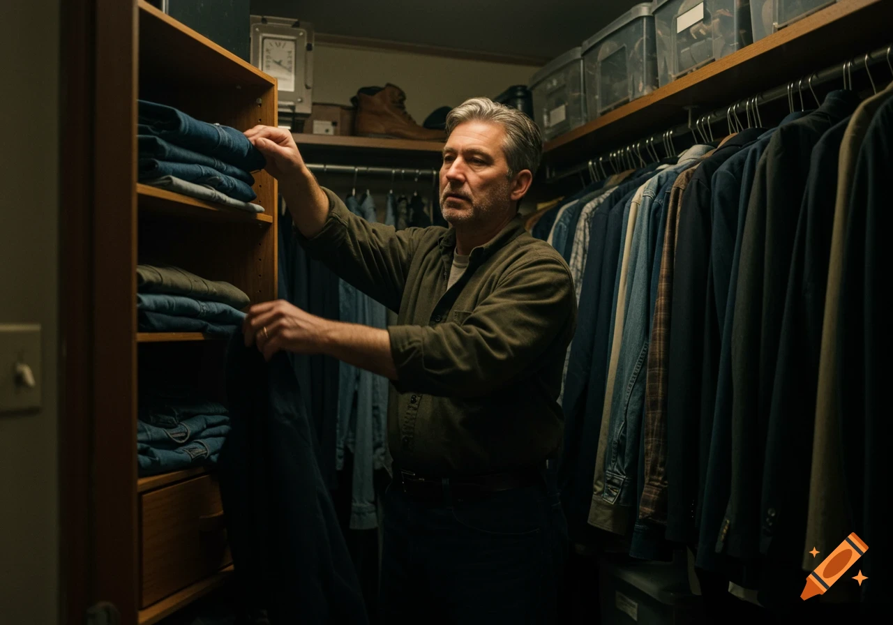 A middle-aged man in a dimly lit closet organizes folded clothes on shelves and looks at garments on hangers. Photorealistic.