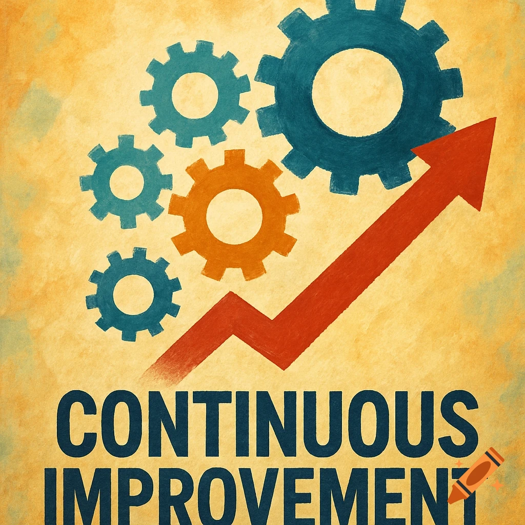 Illustration of gears and an upward red arrow with the text 'CONTINUOUS IMPROVEMENT' on a textured background.