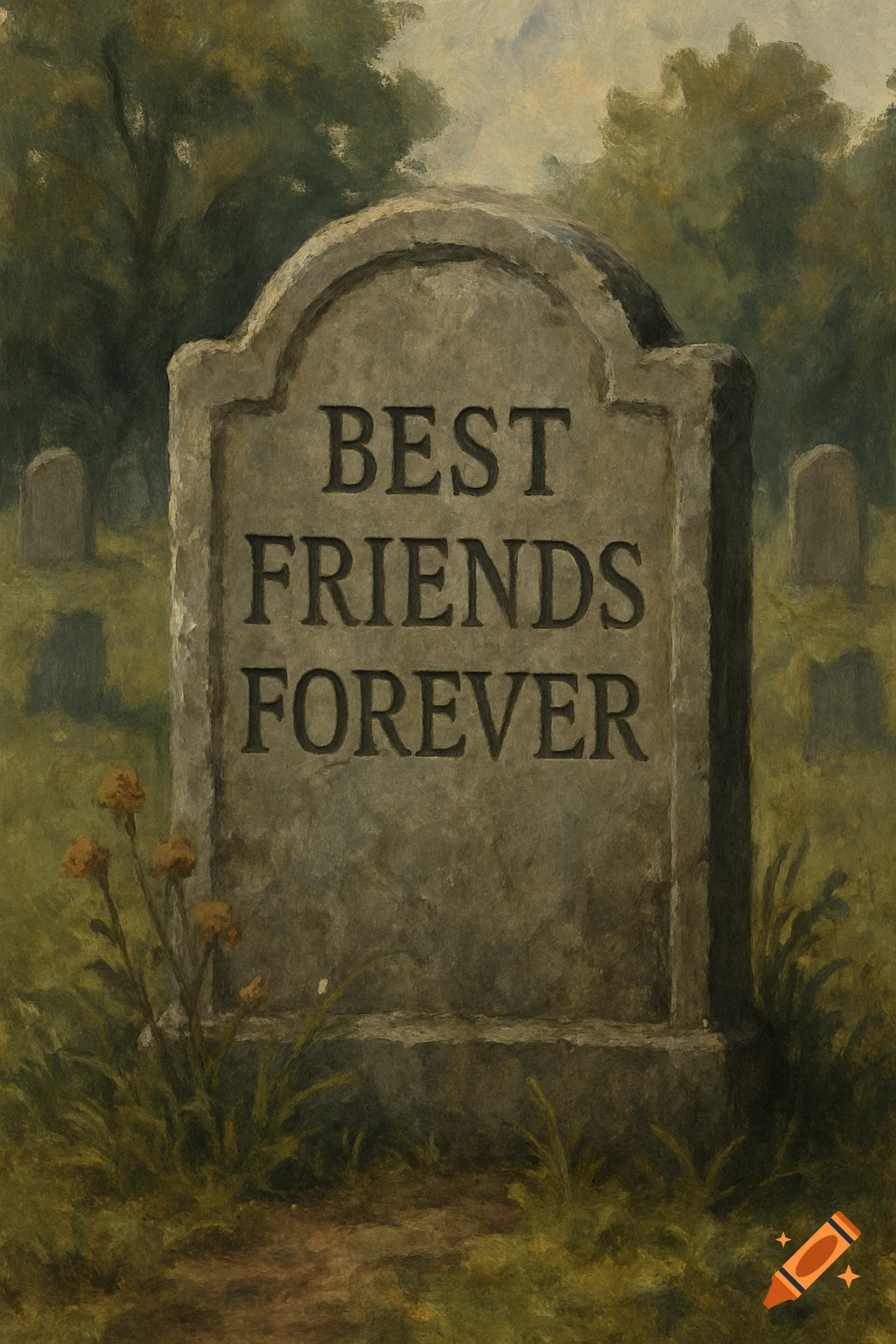 A painting of a tombstone in a graveyard with "BEST FRIENDS FOREVER" carved into it.
