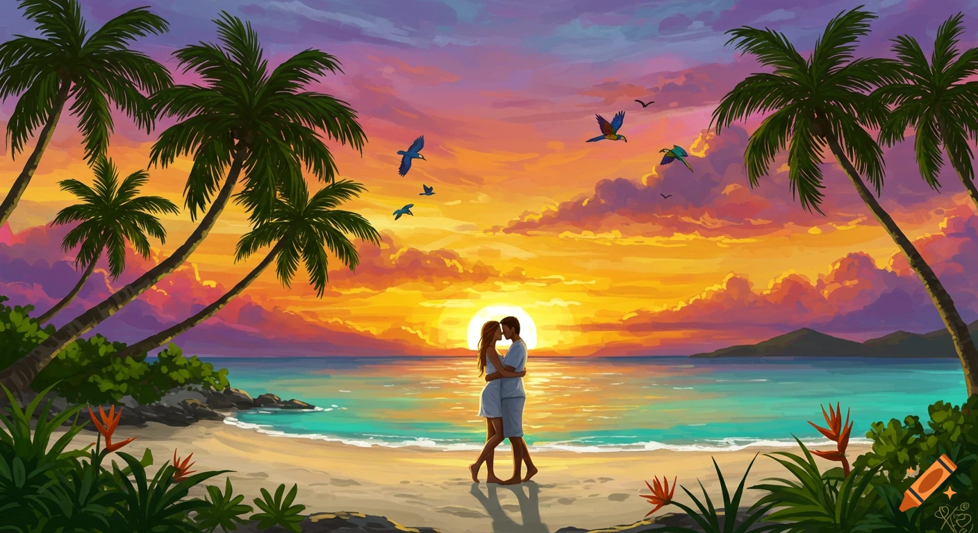 A couple embraces on a vibrant tropical beach during a colorful sunset, with palm trees and birds.