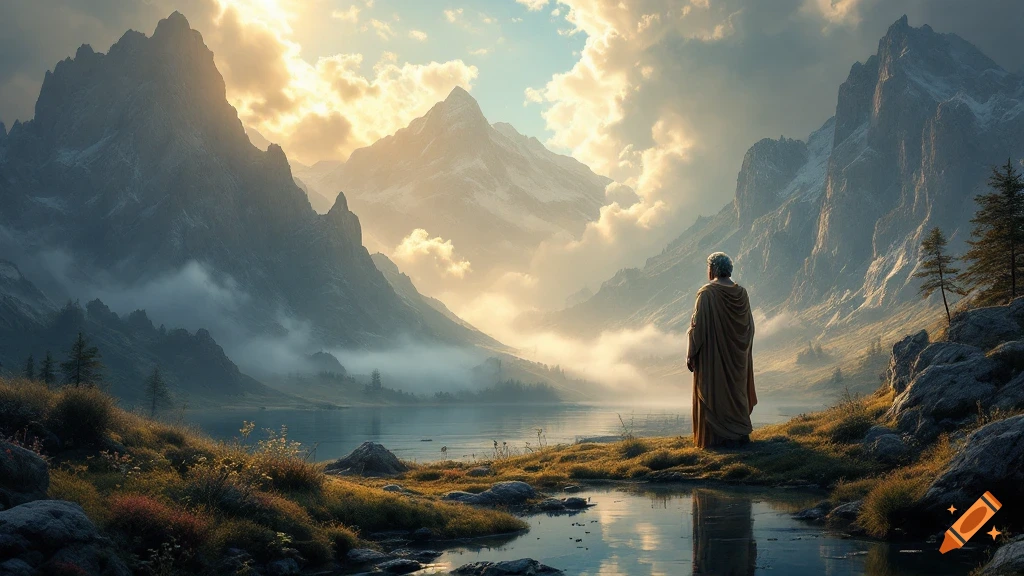 A figure in a robe stands by a serene lake, gazing at majestic misty mountains under a dramatic, golden sky.