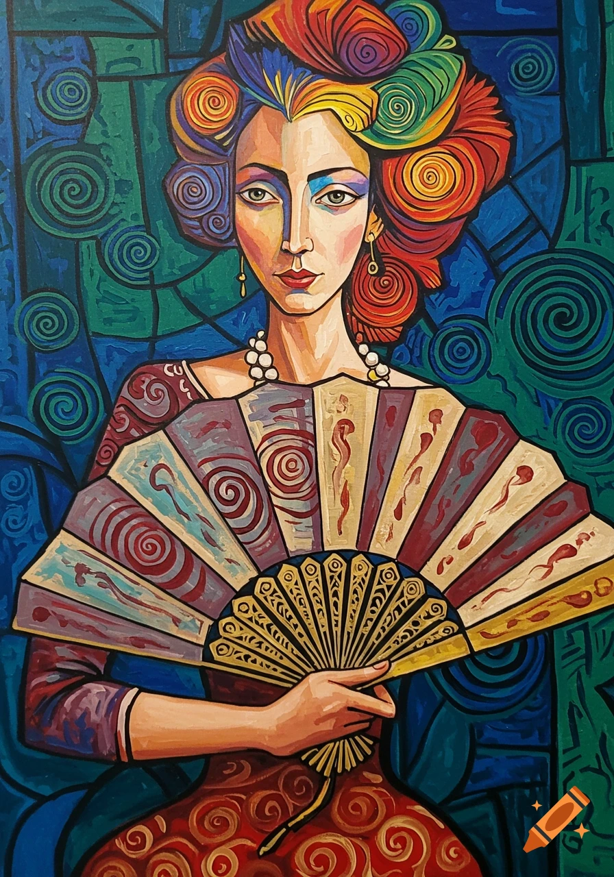 Colorful cubist portrait of a woman holding a patterned fan.