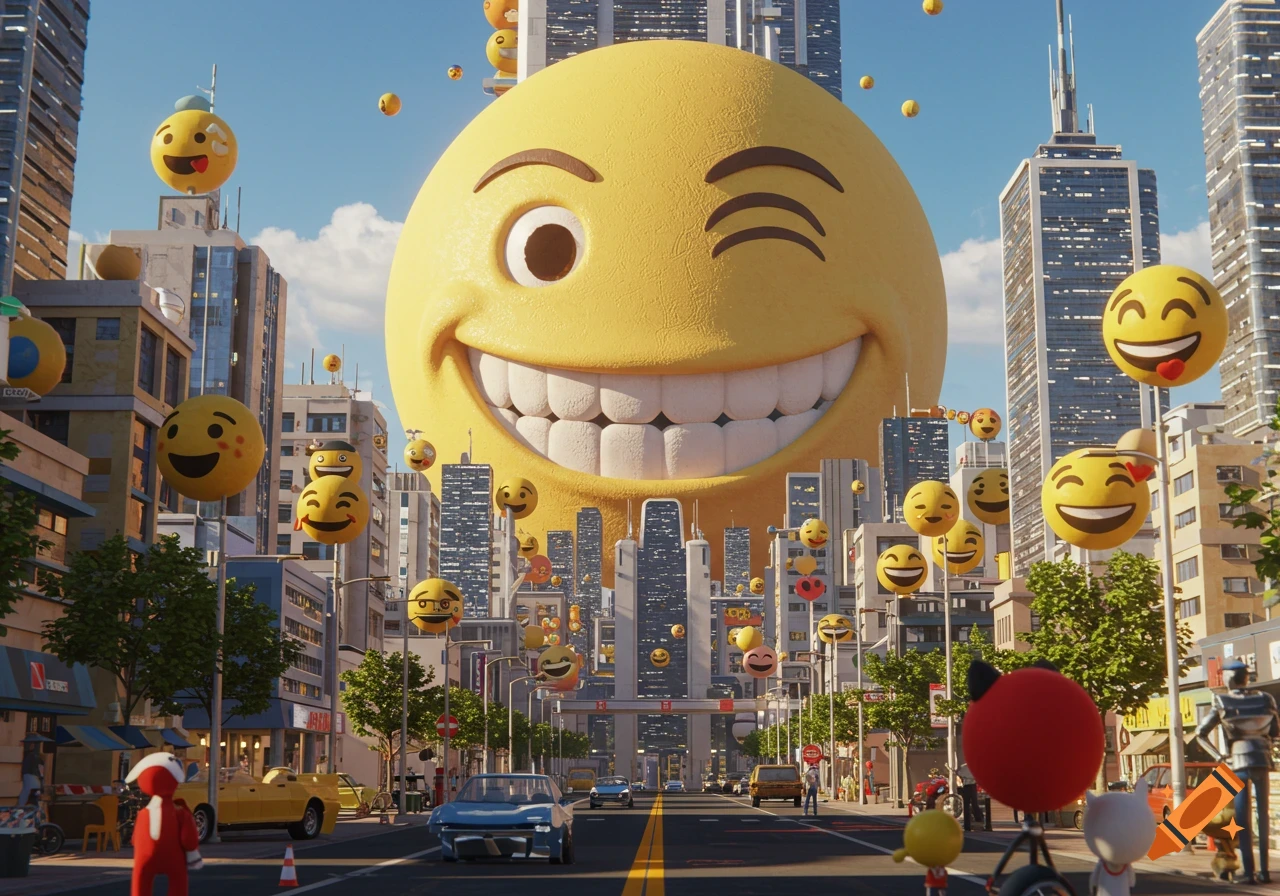 A giant winking emoji dominates a cityscape filled with various smaller, floating emojis, with cars and buildings on a bright day in a cartoon style.