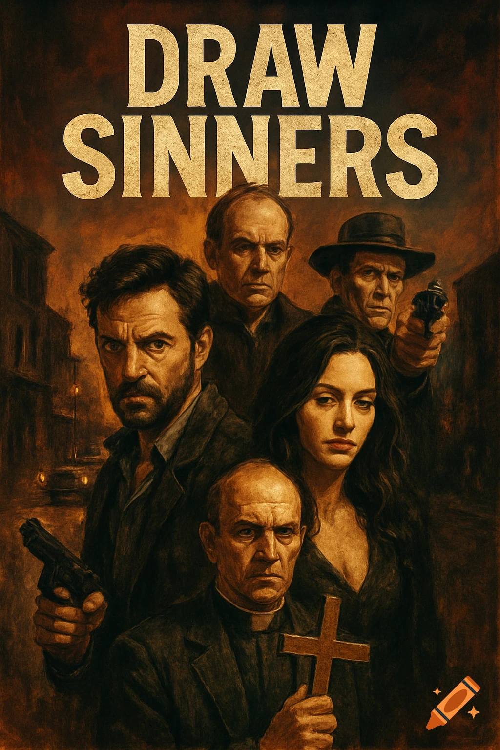 An illustration in the style of a movie poster titled "DRAW SINNERS" featuring five stern-faced adults in a dark, gritty setting, some holding guns or a cross.