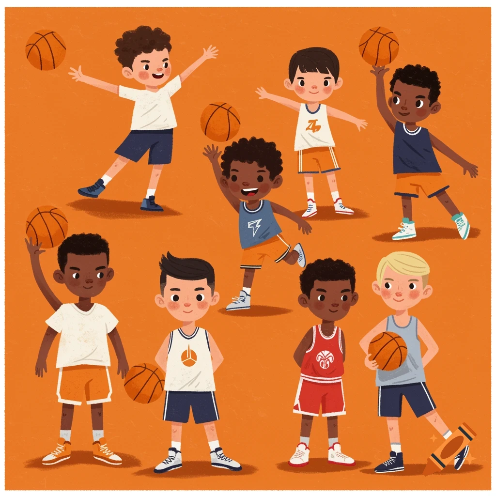 Nine cartoon boys of diverse skin tones playing with basketballs against an orange background in a simplified illustration style.