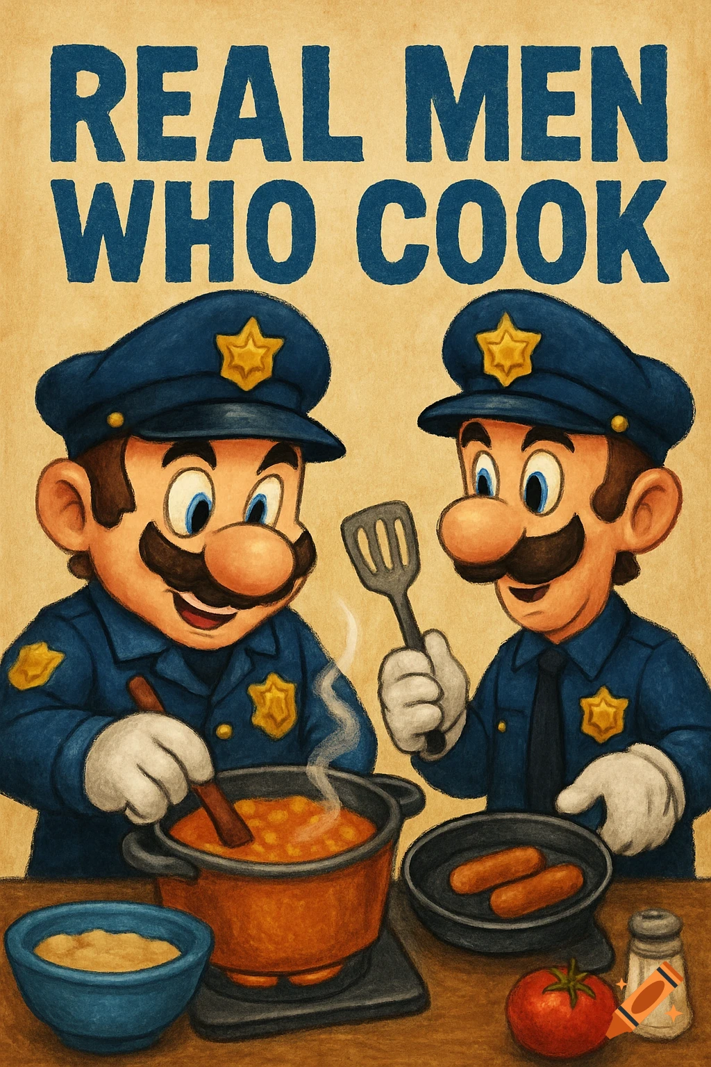 Cartoon poster of police officer Mario and Luigi cooking, with text 'REAL MEN WHO COOK'
