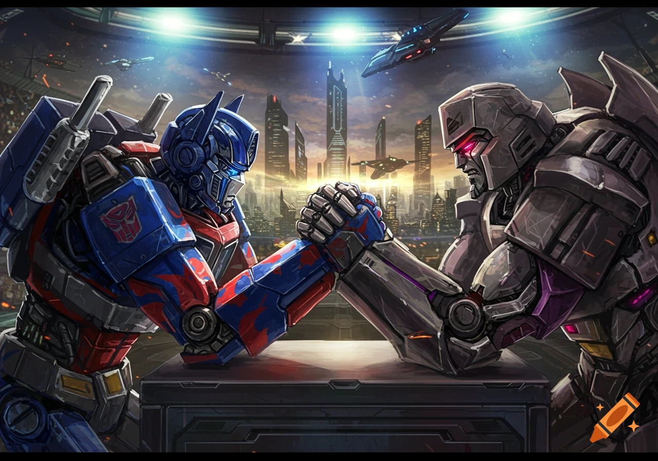 Optimus Prime and Megatron arm wrestle in a futuristic arena with city skyscrapers and flying vehicles in the background.