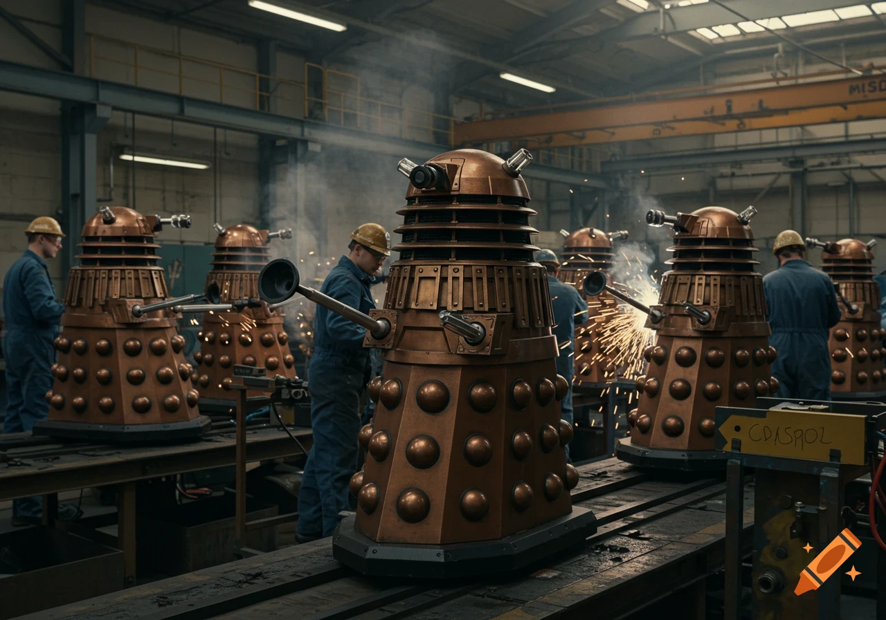 Photorealistic scene of multiple bronze Daleks being assembled by workers in an industrial factory with welding sparks.