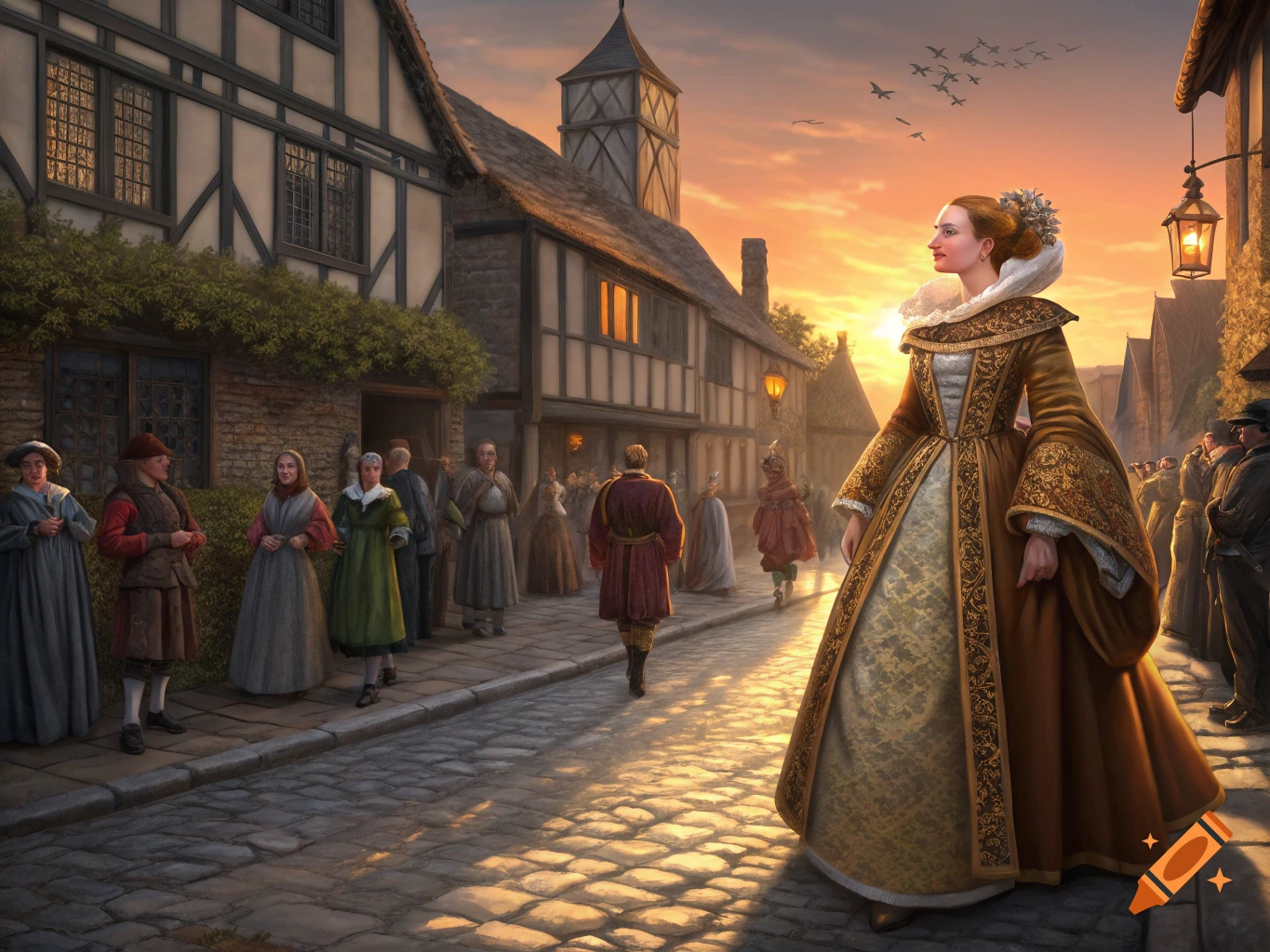 Queen Elizabeth I in a gold gown walks on a cobblestone street in a Tudor town at sunset, with a crowd watching.