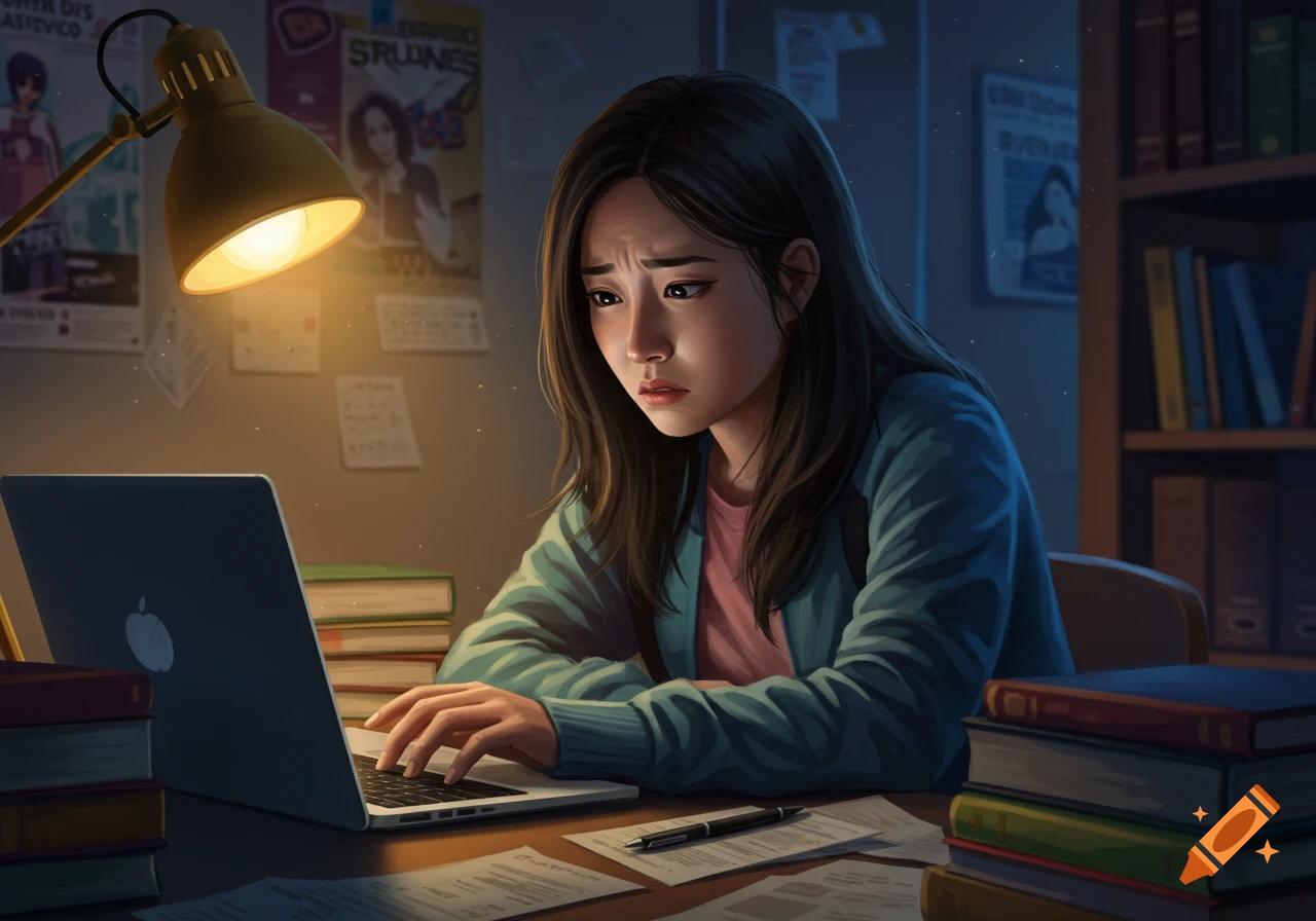 An illustration of a worried student typing on a laptop at a desk surrounded by books and papers, illuminated by a desk lamp.