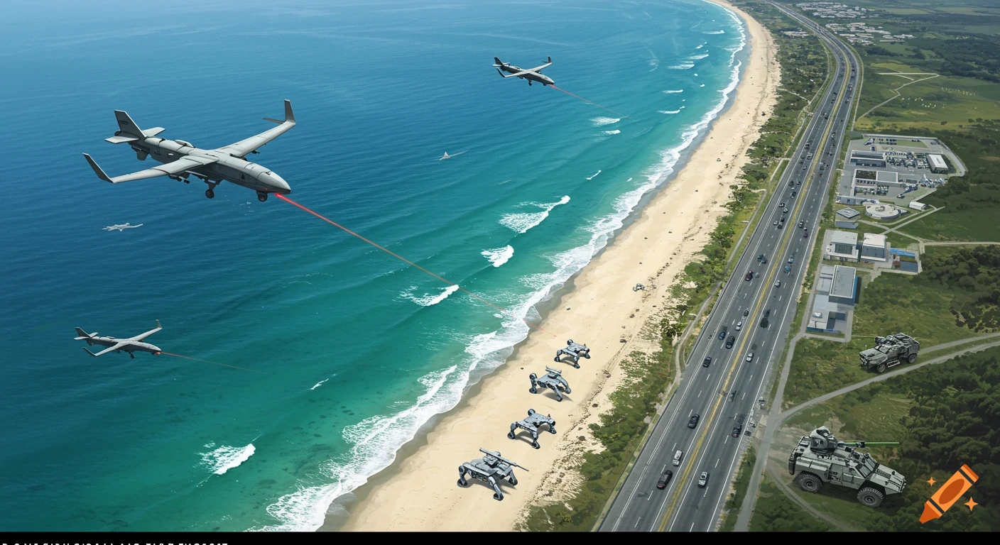Aerial view of military drones with laser beams flying over a coastline with armored vehicles on the beach and near a highway.