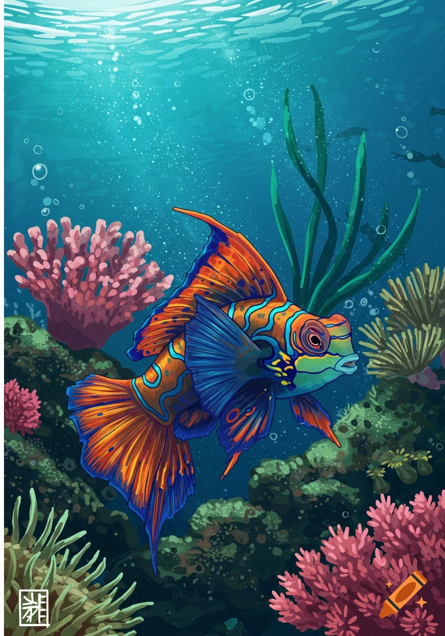 An illustrative image of a vibrant orange and blue mandarin dragonet fish swimming in a colorful coral reef.
