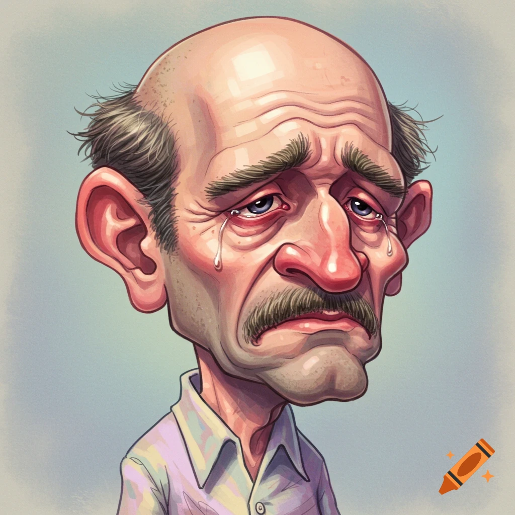 A pastel-styled caricature portrait of a bald man with a mustache, crying.