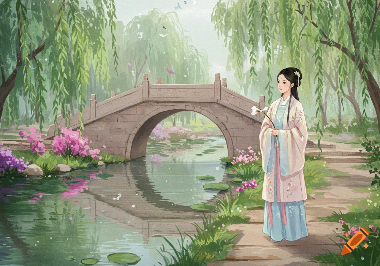 An illustration of a woman in traditional Chinese dress standing by a stone bridge over a river, surrounded by weeping willows and pink flowers.