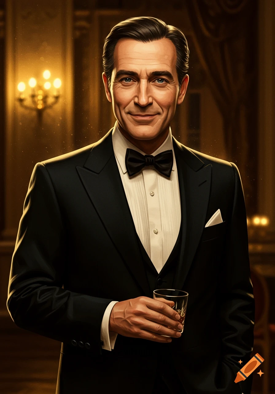 A man in a black tuxedo smiles while holding a glass in an elegant, warmly lit room.