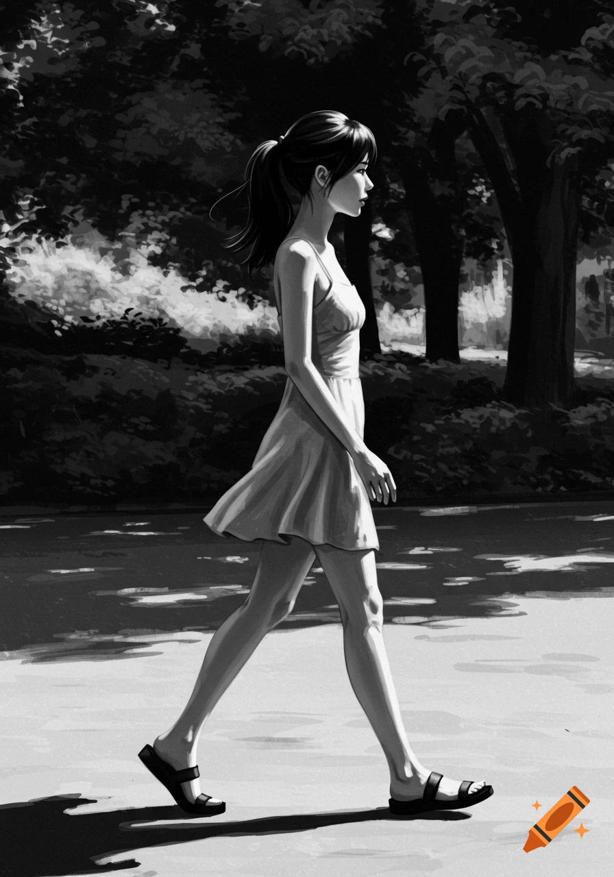 Black and white drawing of a young woman walking in a park, viewed from the side.
