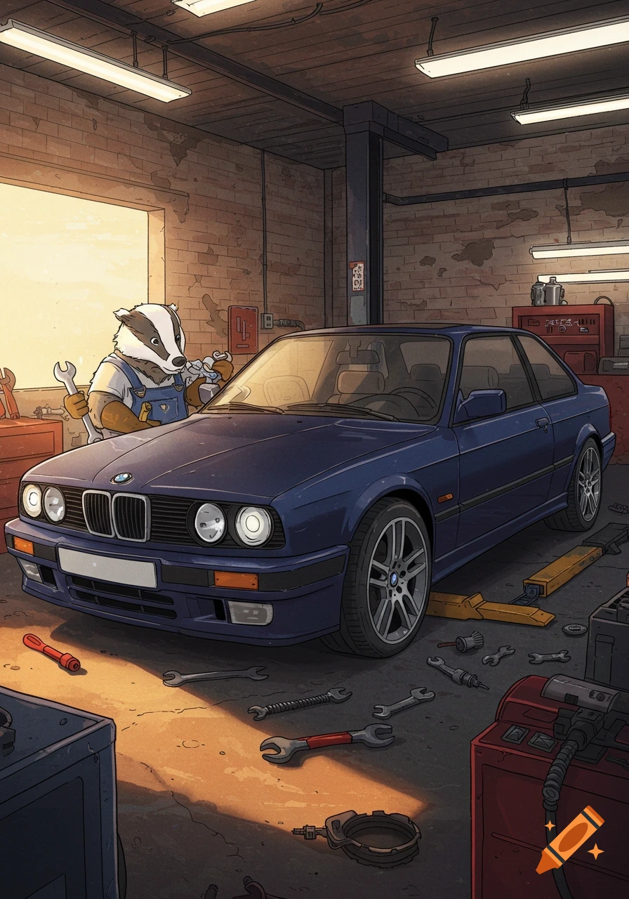 A cartoon badger in overalls fixes a blue BMW car in a brightly lit garage, surrounded by tools.