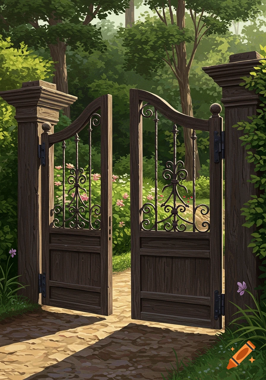 An illustrative painting of dark wooden gates with ornate ironwork, open to a sunlit path leading into a lush green forest.