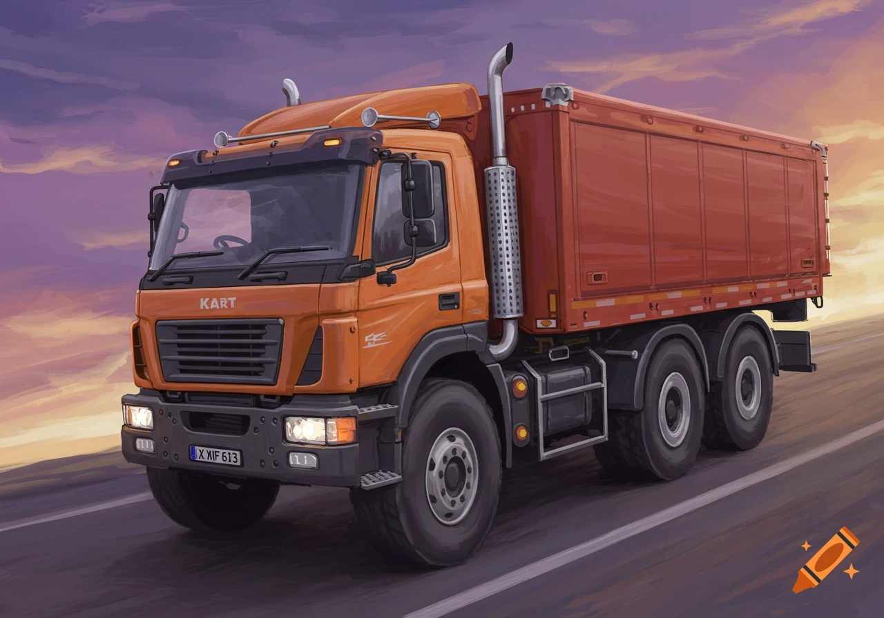 An orange dump truck driving on a road under a dramatic sunset sky, rendered in a detailed illustration style.