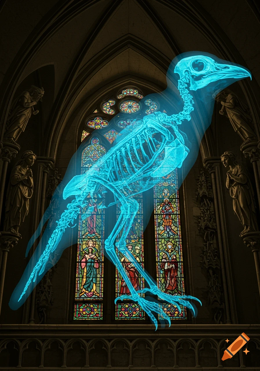 A glowing blue x-ray of a bird skeleton stands tall in front of colorful gothic stained glass windows.
