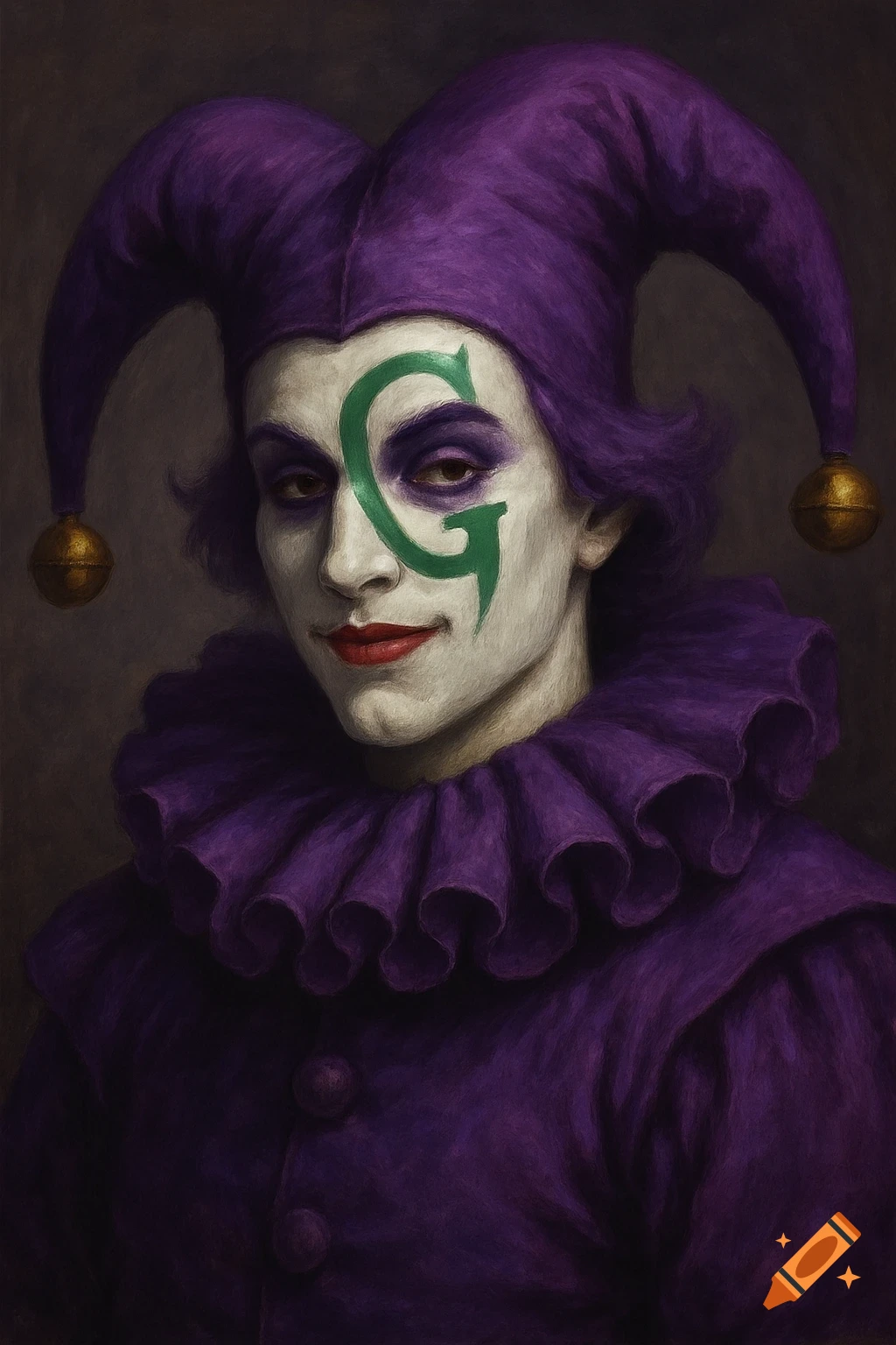 Purple jester portrait with a green G painted on their white face, wearing a ruffled collar and hat with bells.