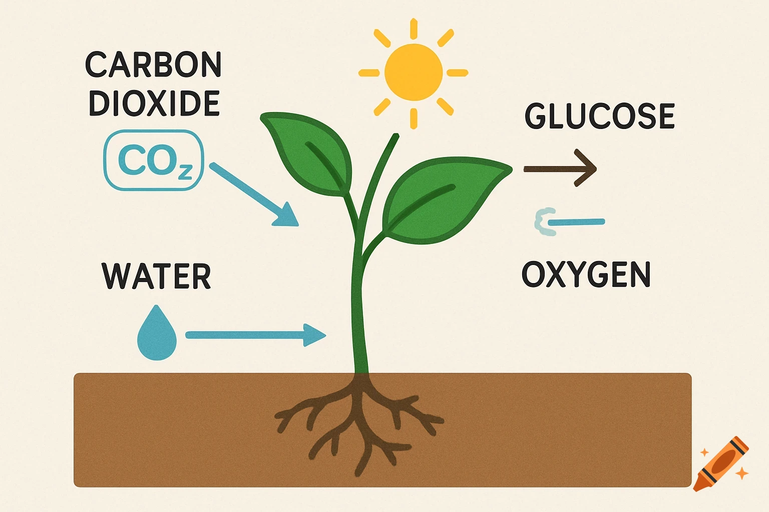 Simple diagram of photosynthesis showing a plant, sun, CO2, water, glucose, and oxygen.