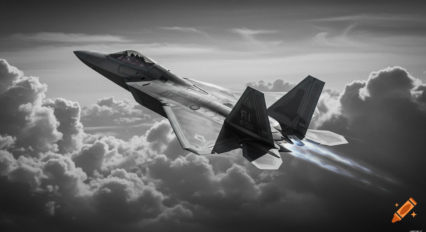 A black and white image of an F-22 fighter jet flying upwards through dramatic clouds, exhaust plumes trailing behind it.