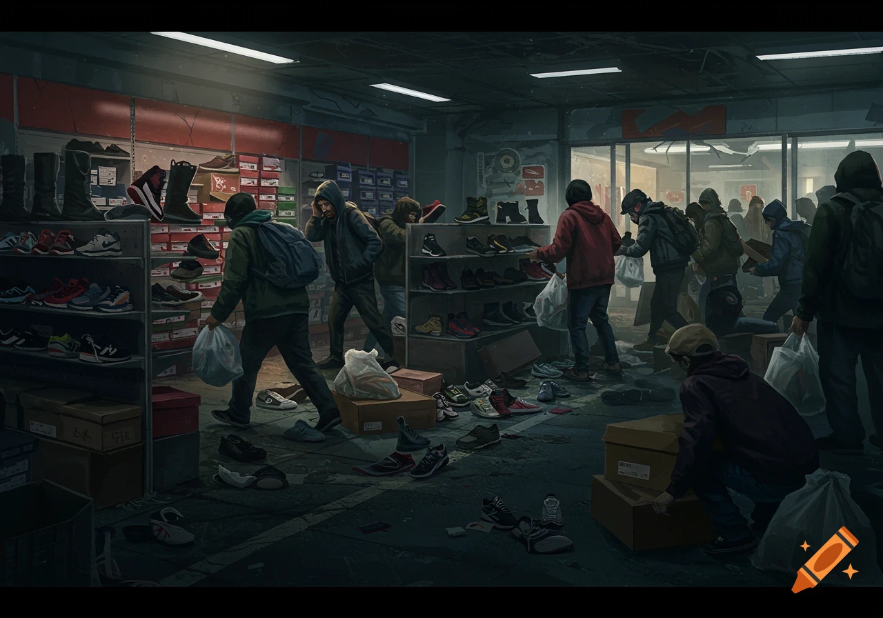 People looting shoes and merchandise inside a dark, chaotic shoe store with scattered boxes and items.