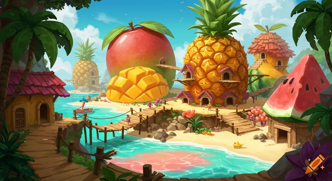 Vibrant concept art of a tropical beach village with houses made from giant pineapples, mangoes, and watermelons, under a blue sky.