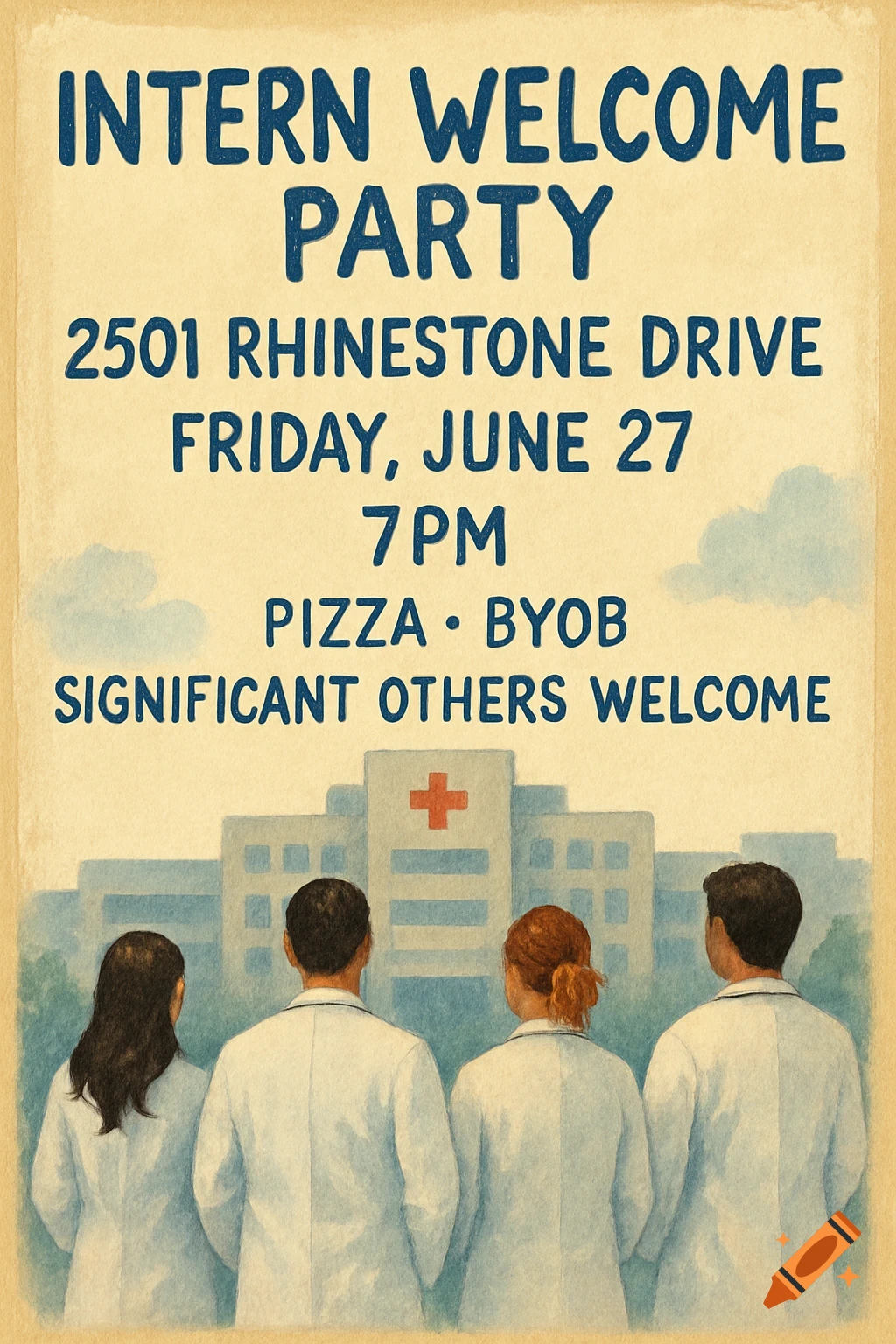 An illustrated vintage-style invitation poster for an "Intern Welcome Party" with event details. Below the text, four medical professionals in white coats are seen from behind, looking at a hospital building.