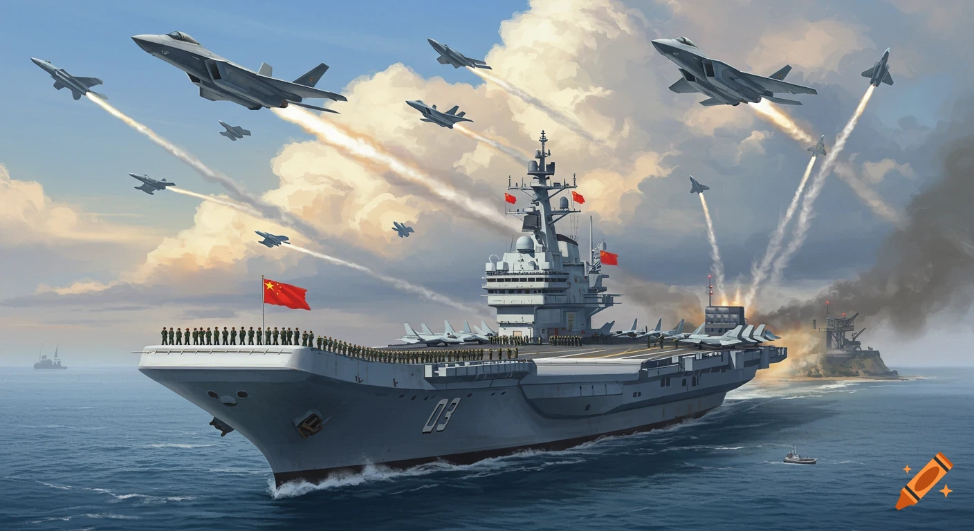 Digital painting of a Chinese aircraft carrier with fighter jets flying above, personnel on deck, and a flag, sailing on the ocean.