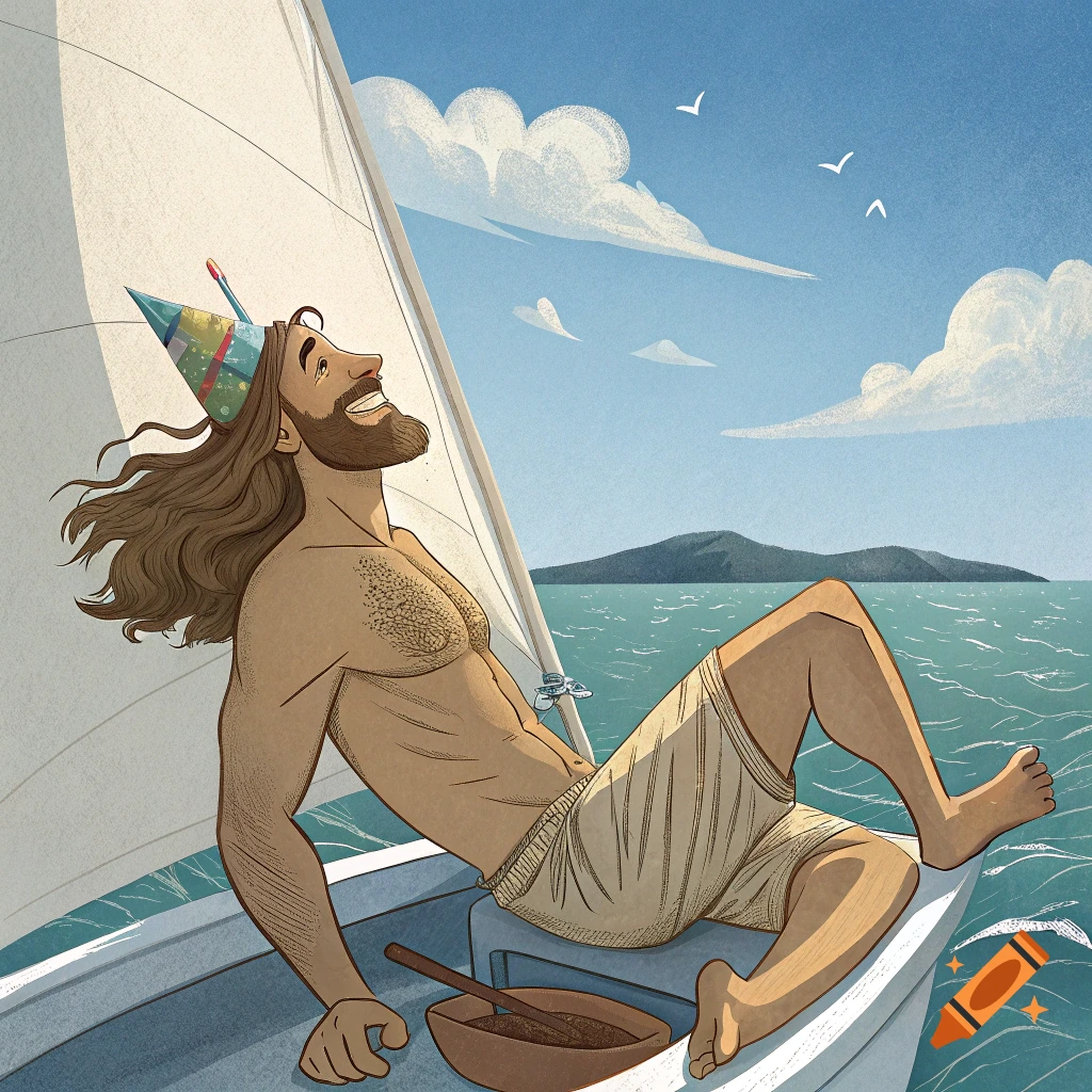 A bearded man, resembling Jesus, wearing a birthday hat and shorts, lounges happily on a sailboat, smiling up at the sky.