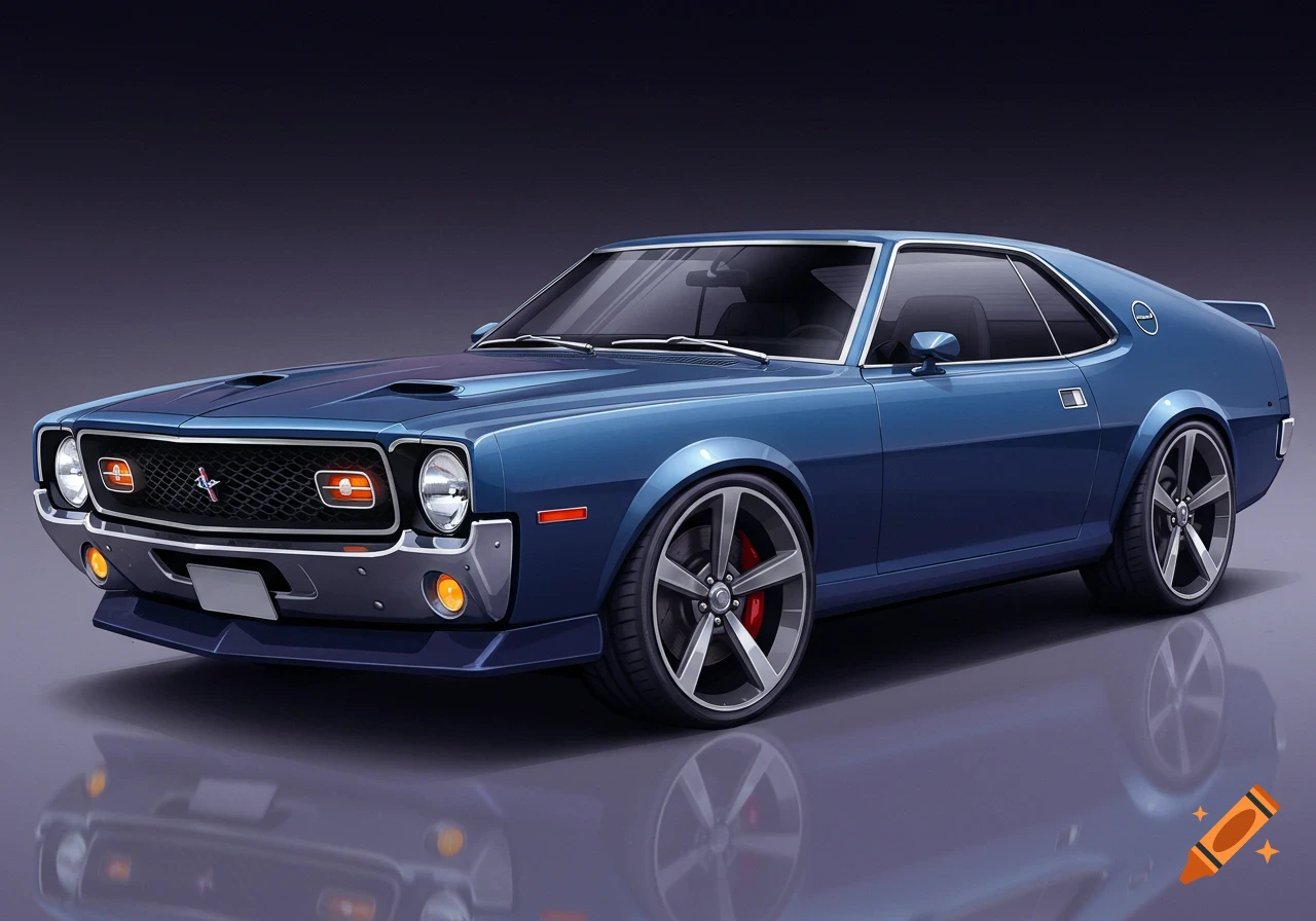 A sleek blue classic muscle car, possibly a modernized 1968 AMX, shown in an illustrative style, against a dark background.