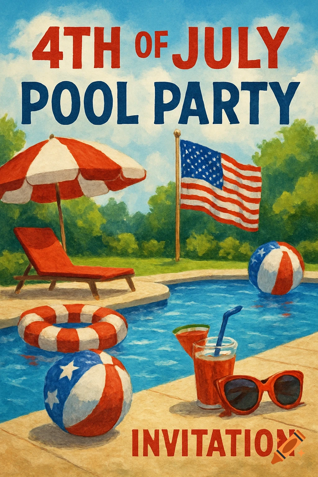A vintage-style illustration for a 4th of July pool party invitation, featuring patriotic decorations around a swimming pool.