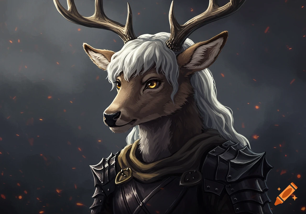 An armored anthropomorphic deer with white hair and antlers, standing against a dark, fiery background.