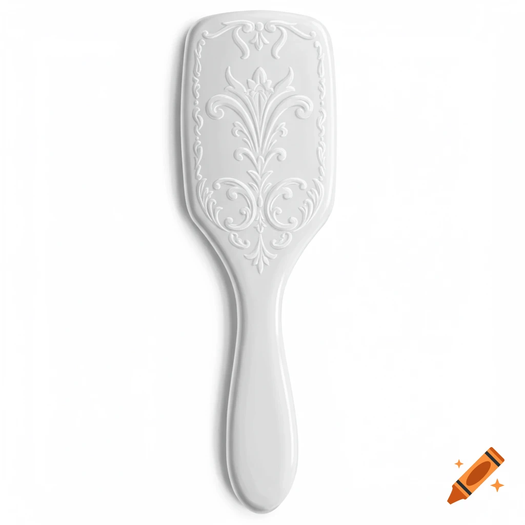 A white hairbrush with intricate embossed designs on its back, isolated on a white background.