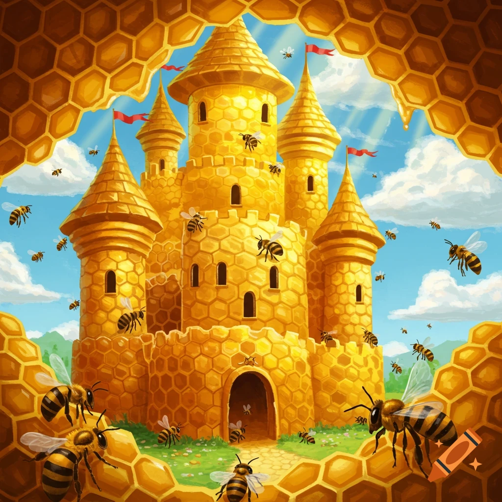 A vibrant illustration of a golden castle made of honeycomb, with numerous bees flying around it against a blue sky.