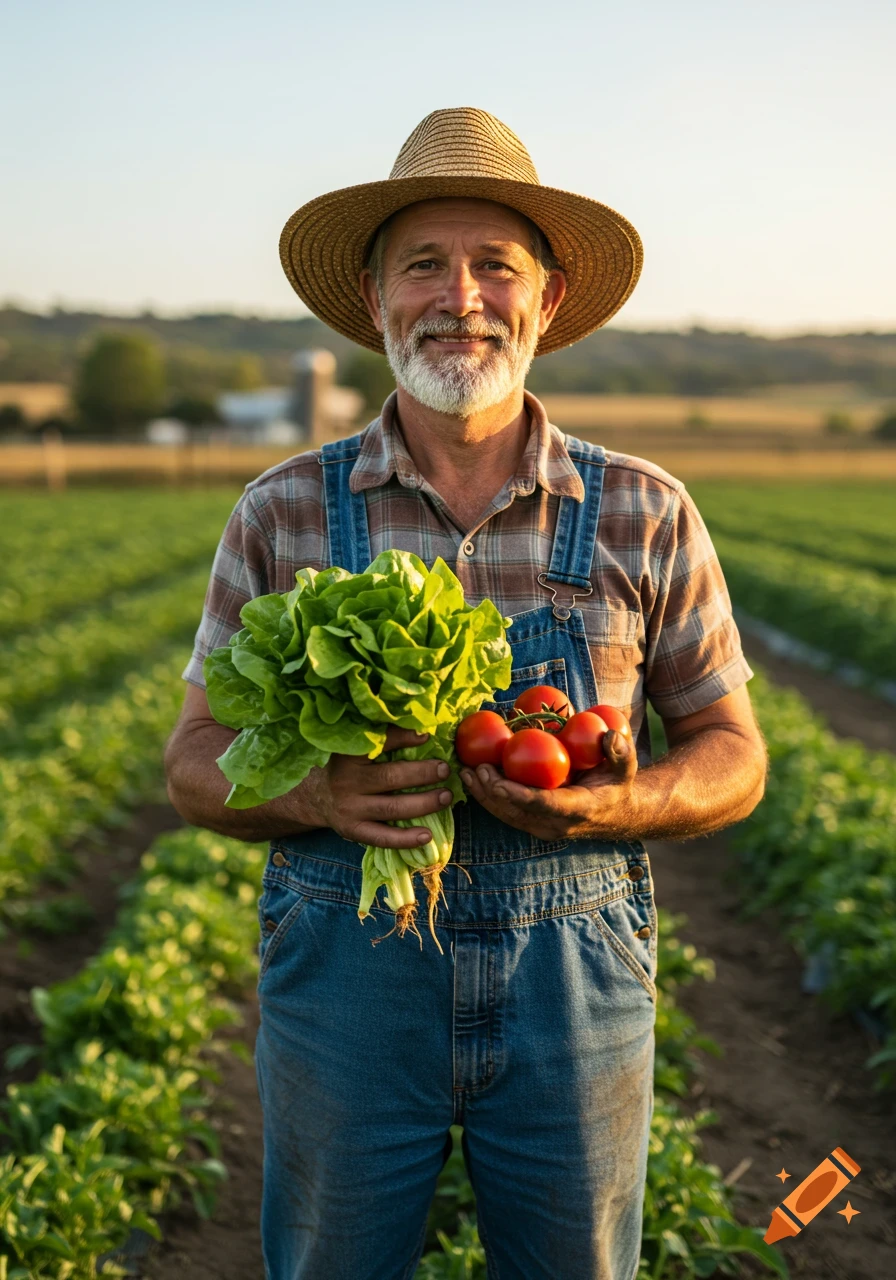 A smiling farmer in a straw hat and overalls holds fresh lettuce and tomatoes in a sunny field.