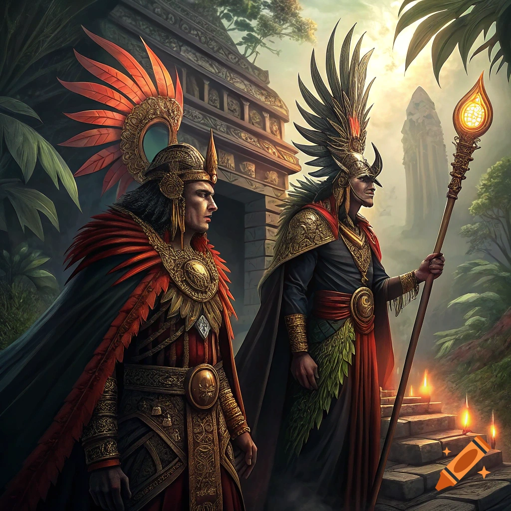 Two Aztec-like warriors in elaborate feathered and gold attire stand before an ancient temple in a lush jungle, one holding a glowing staff.