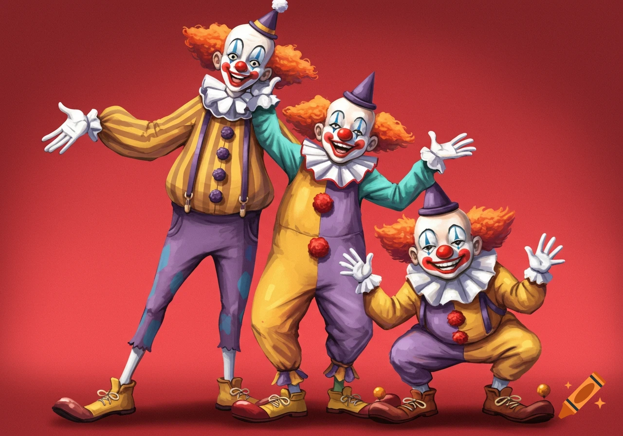 Three cheerful, cartoon-style clowns of different heights pose against a red background.