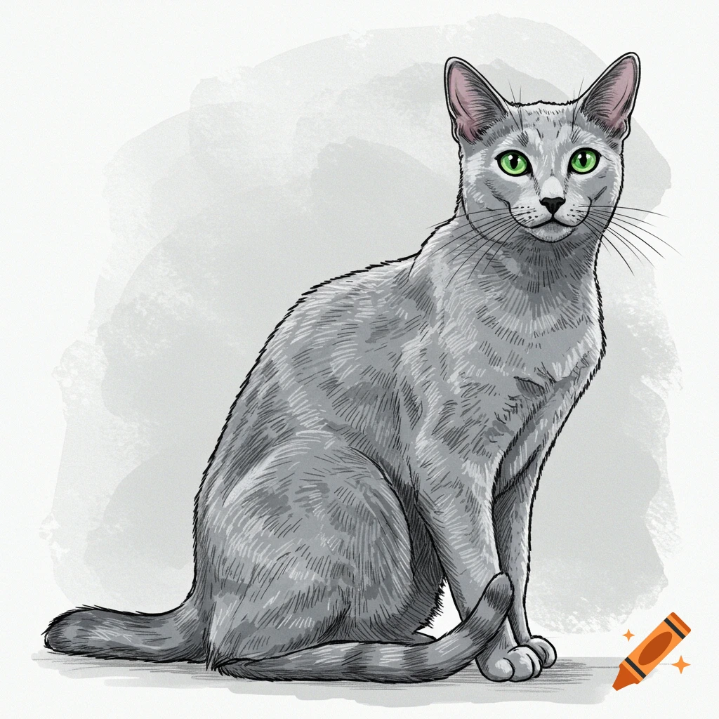 Ink-drawing illustration of a gray Russian Blue cat with green eyes sitting.