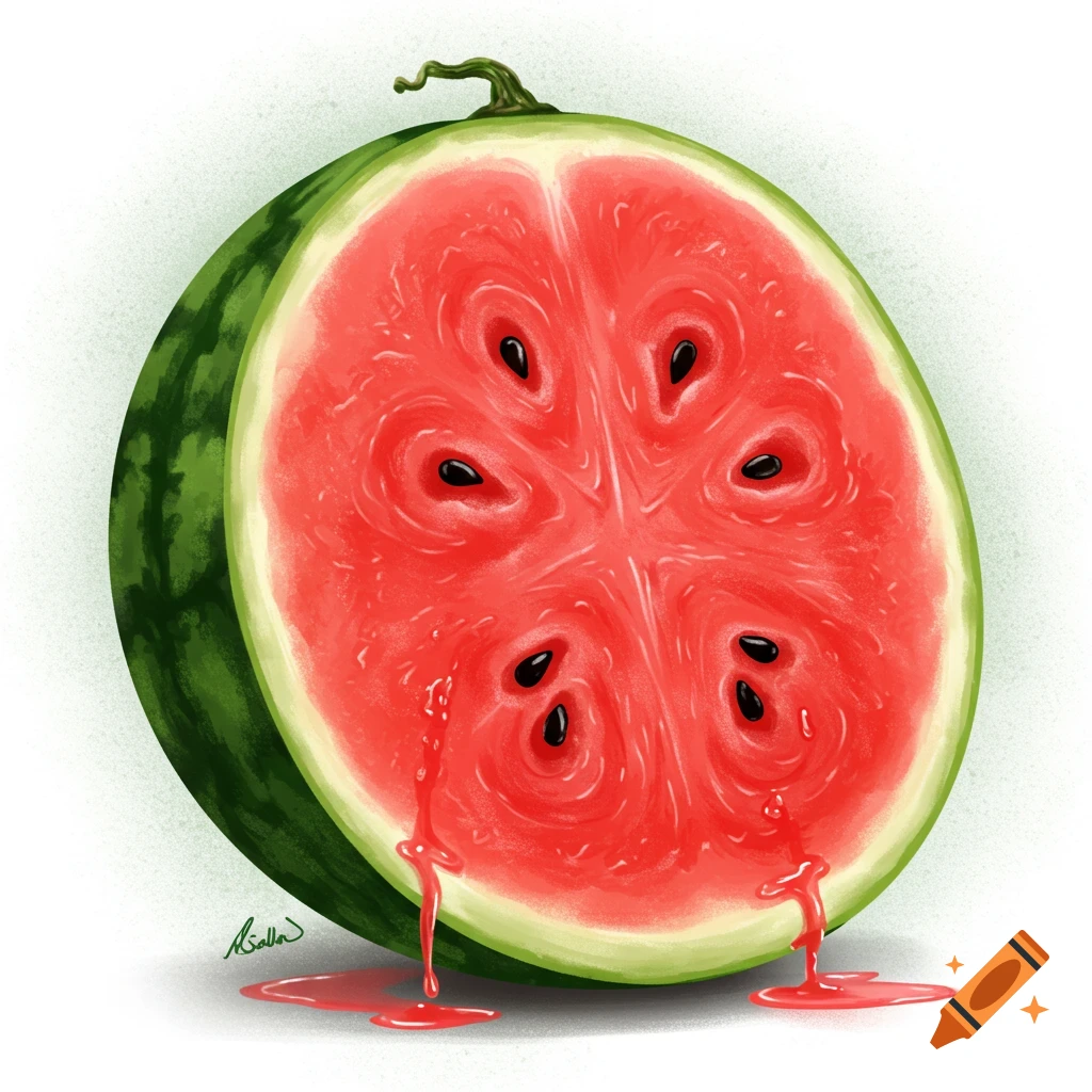 A vibrant illustration of a sliced watermelon, with red juice dripping from its bottom edge.