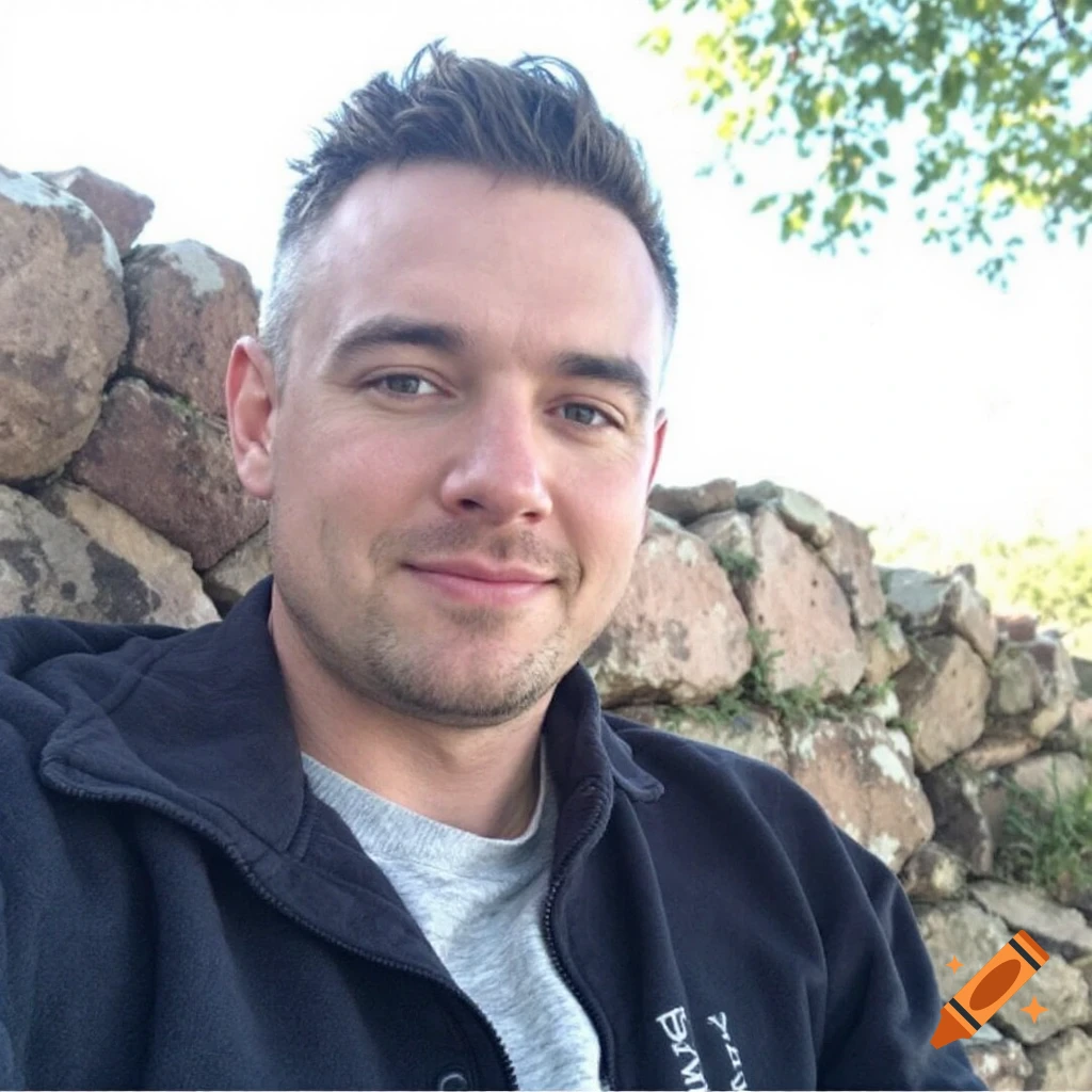 A close-up photorealistic portrait of a smiling man with short hair and stubble, wearing a dark zip-up jacket, sitting outdoors against a stone wall.