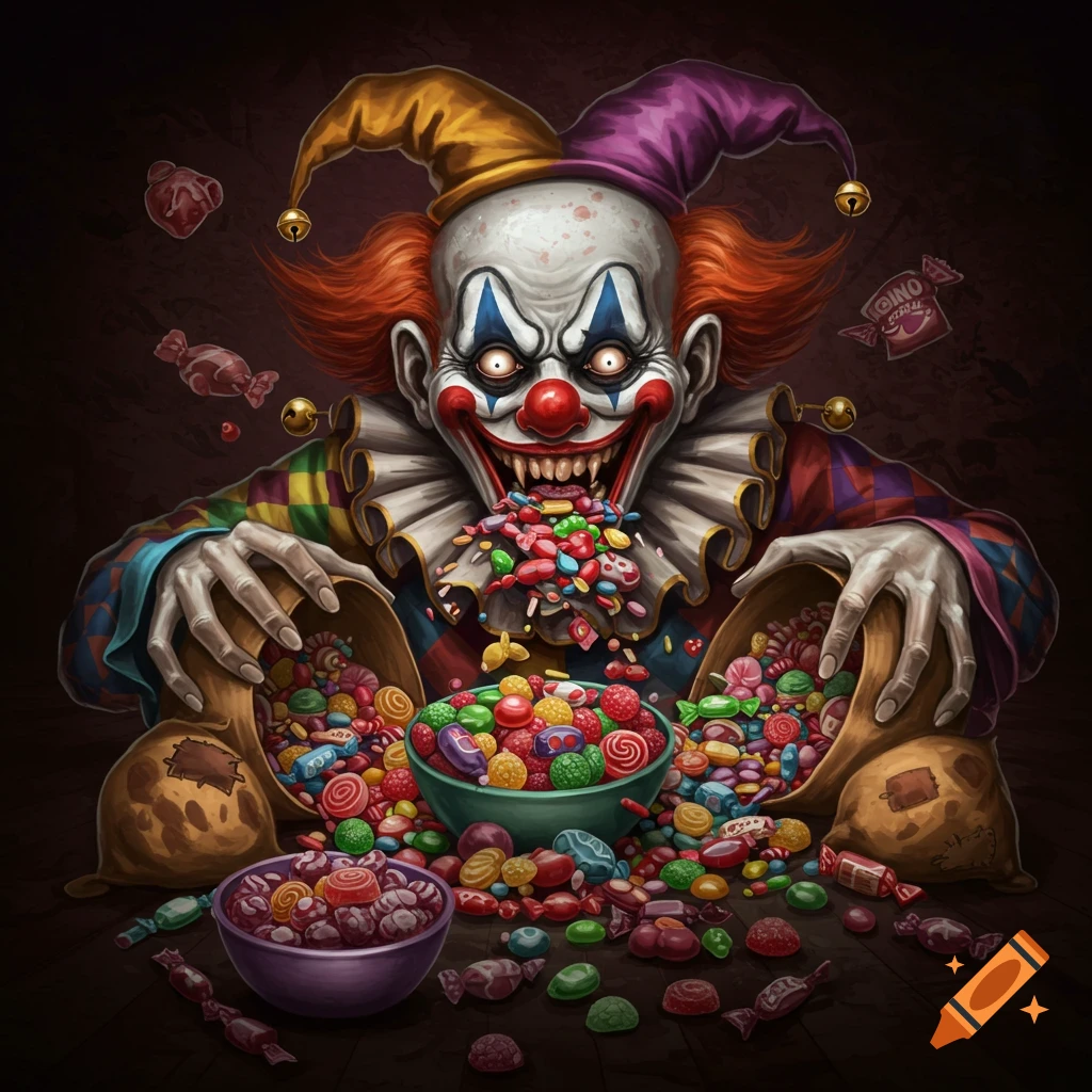 A grotesque clown with sharp teeth eats a pile of colorful candies, with candy bags and bowls around him.